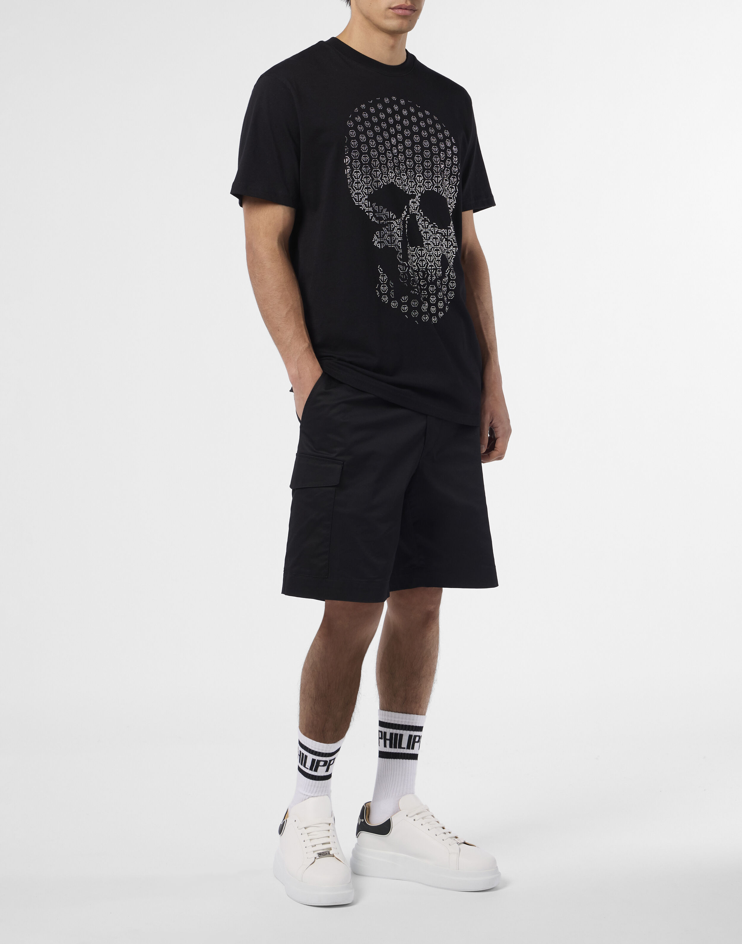 T-shirt girocollo con stampa strass teschio