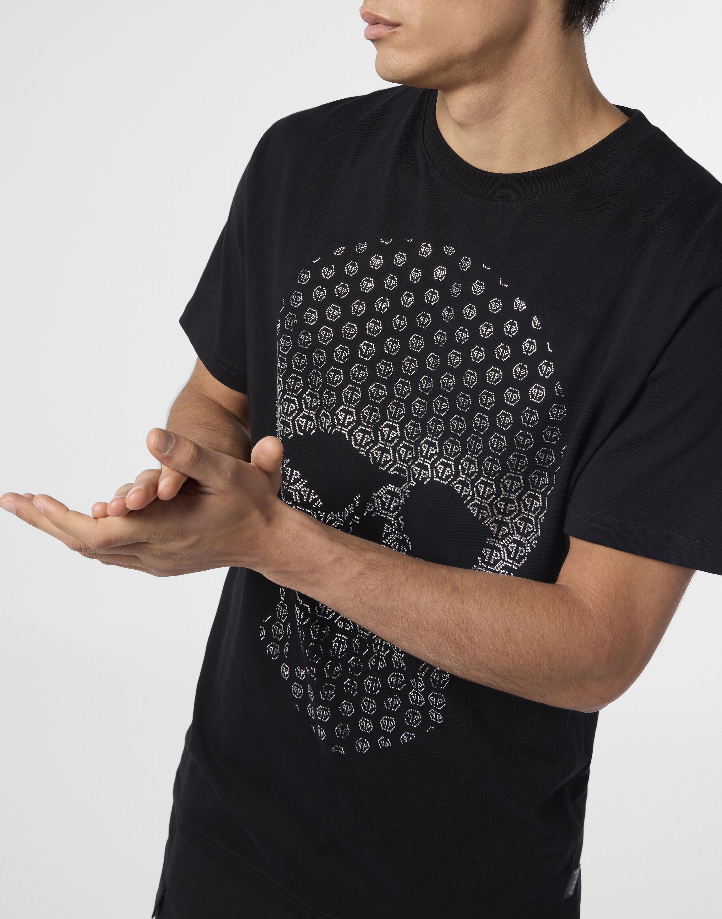 T-shirt girocollo con stampa strass teschio