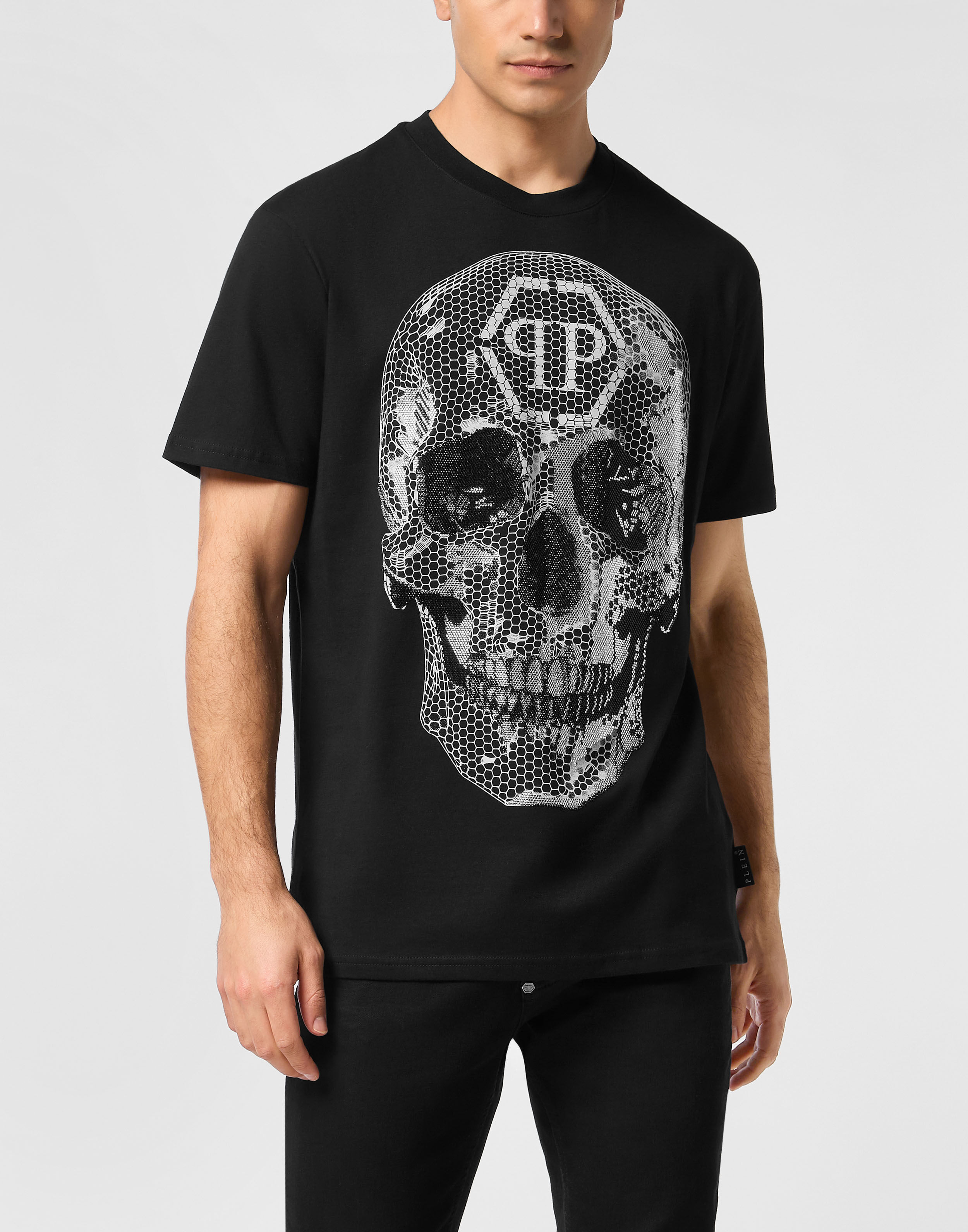 T-shirt girocollo con teschio strass