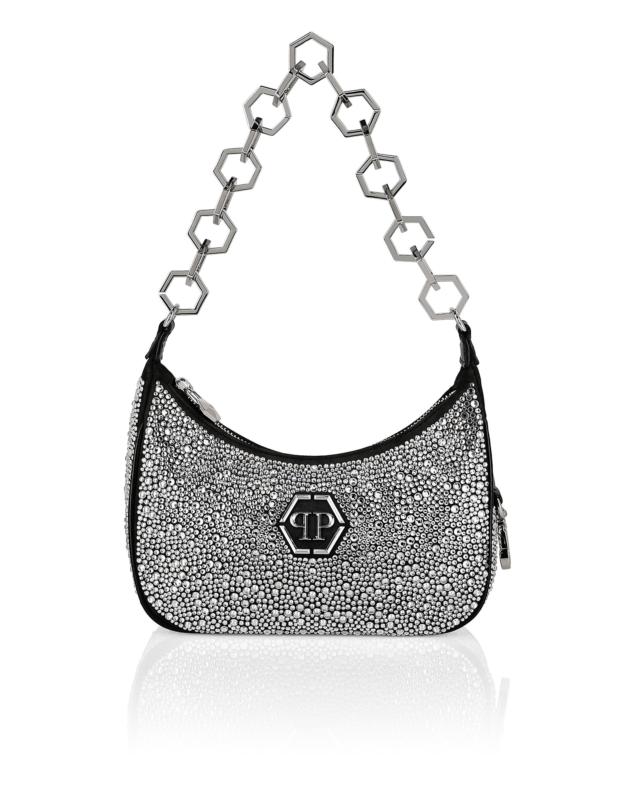 Borsa a tracolla in pelle con cristalli