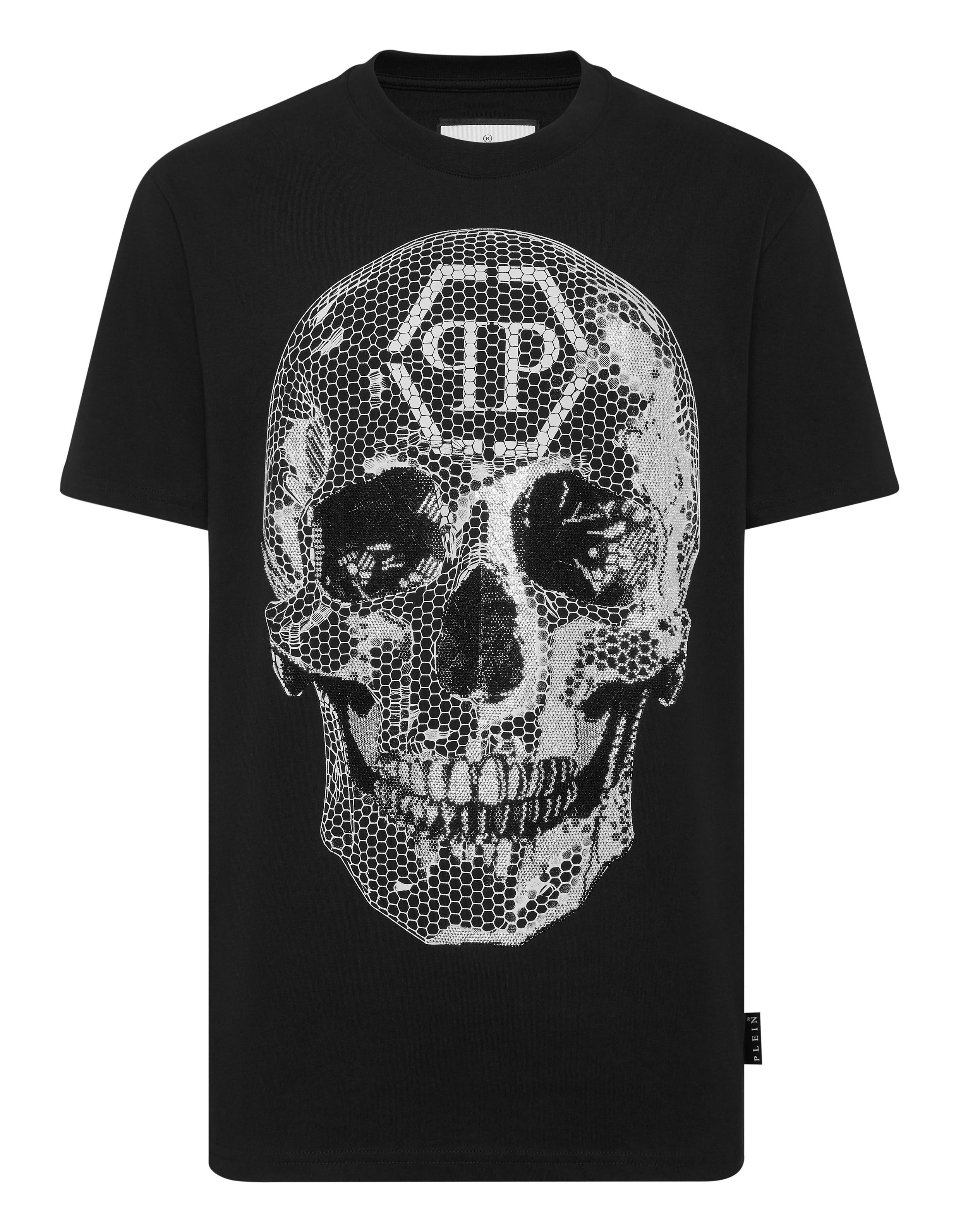 T-shirt girocollo con teschio strass