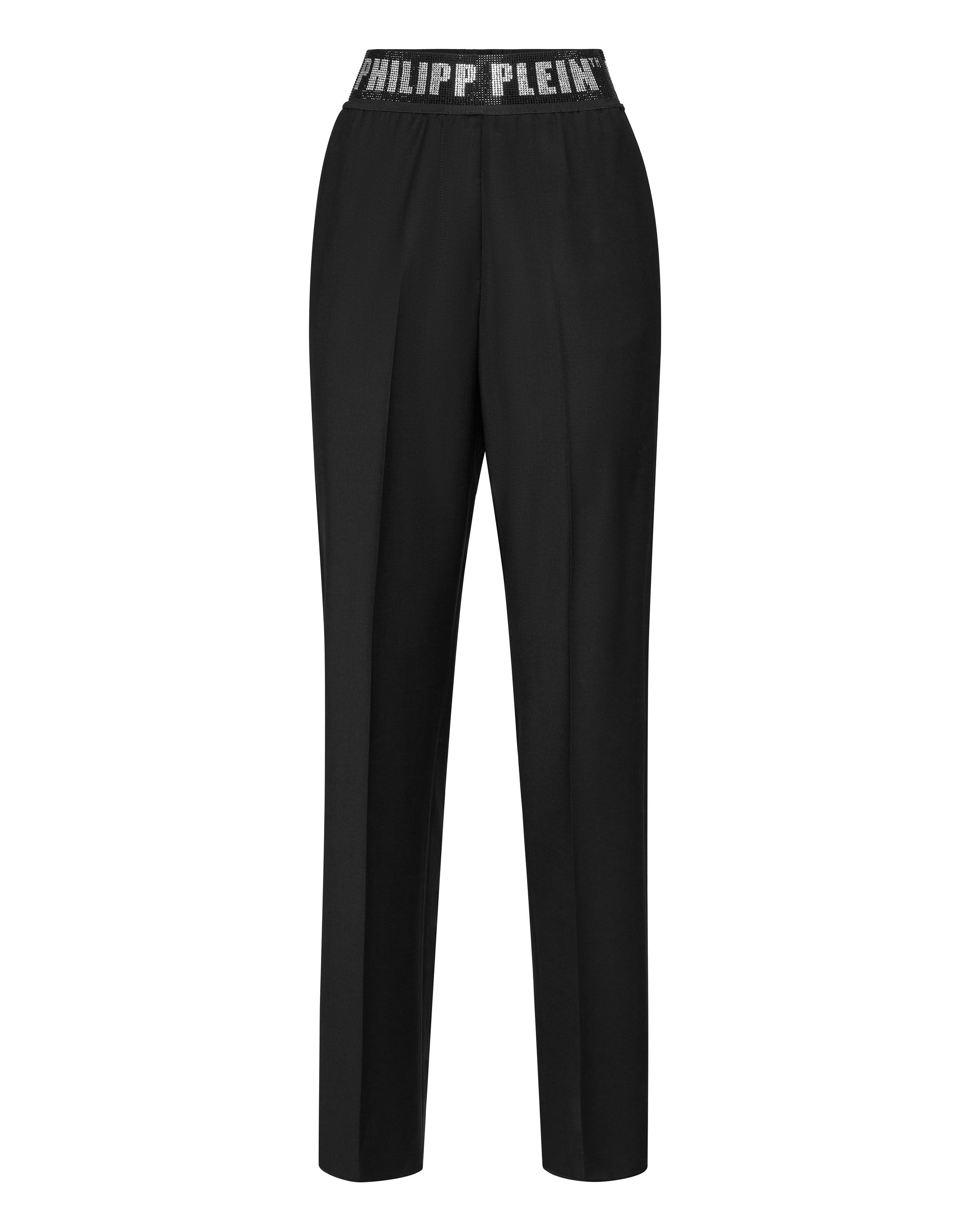 Pantaloni Classici in Lana Cintura Elastica Cristallo