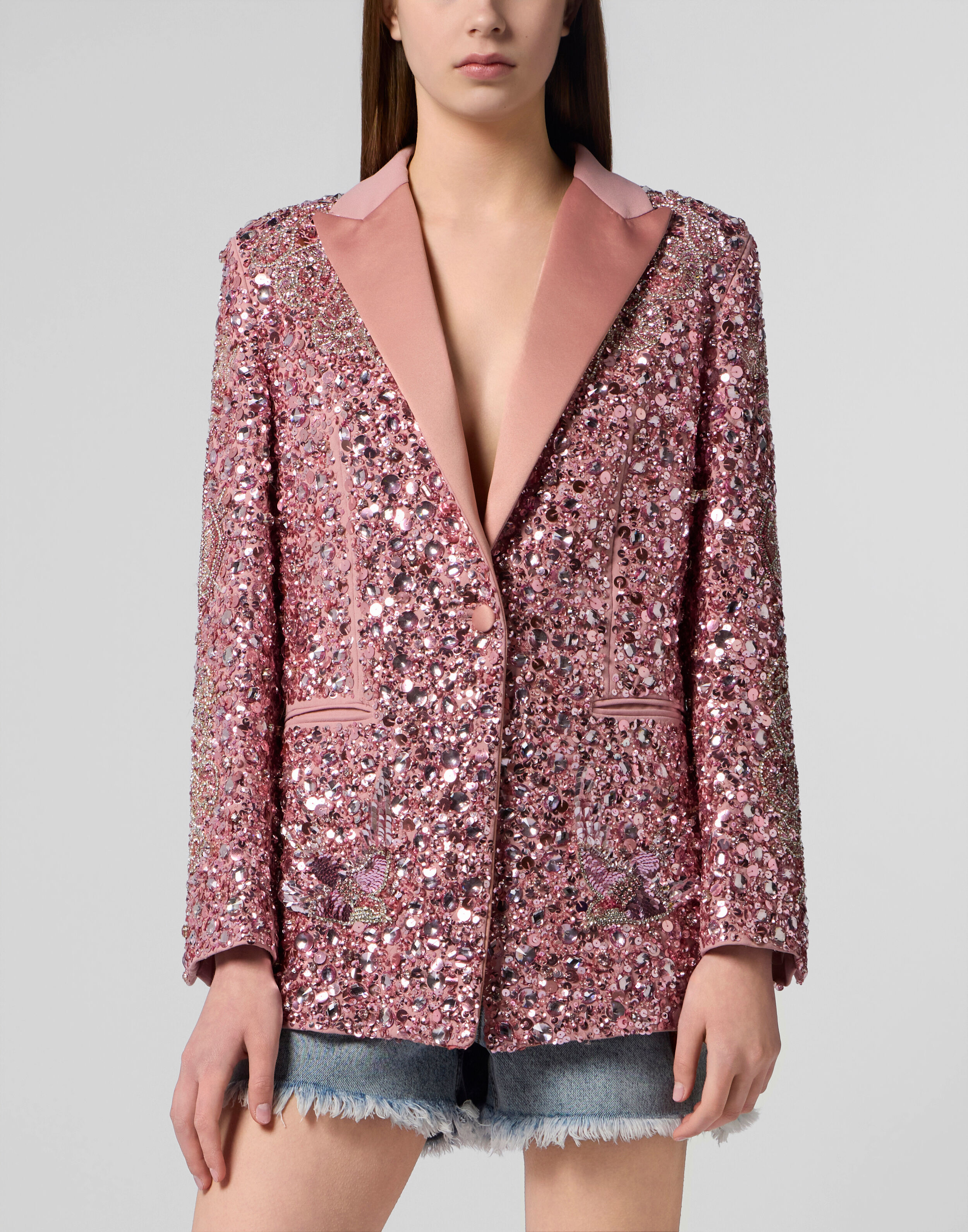 Blazer in Taglio Boyfriend con Tatuaggio Farfalla e Paillettes