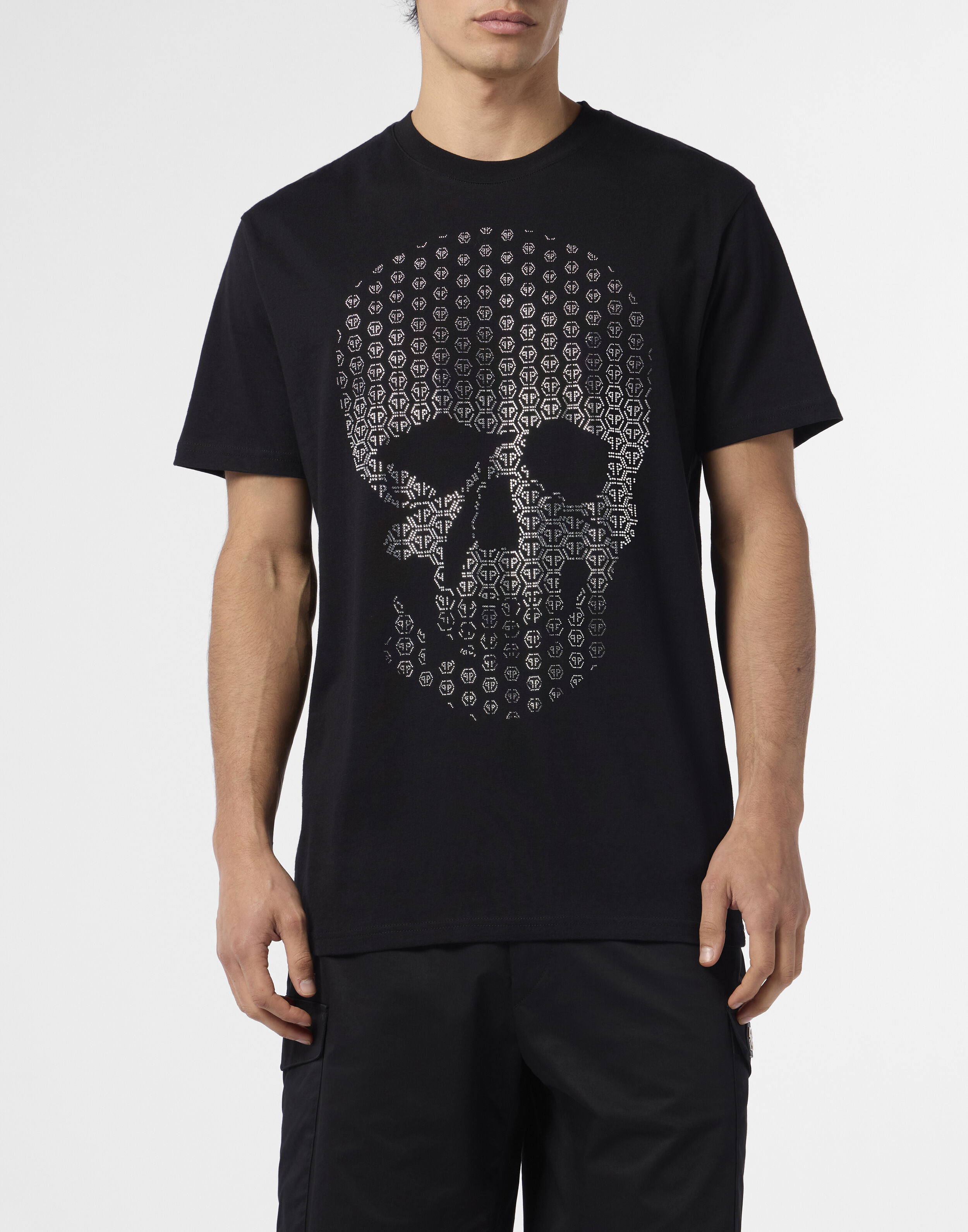 T-shirt girocollo con stampa strass teschio teschio strass