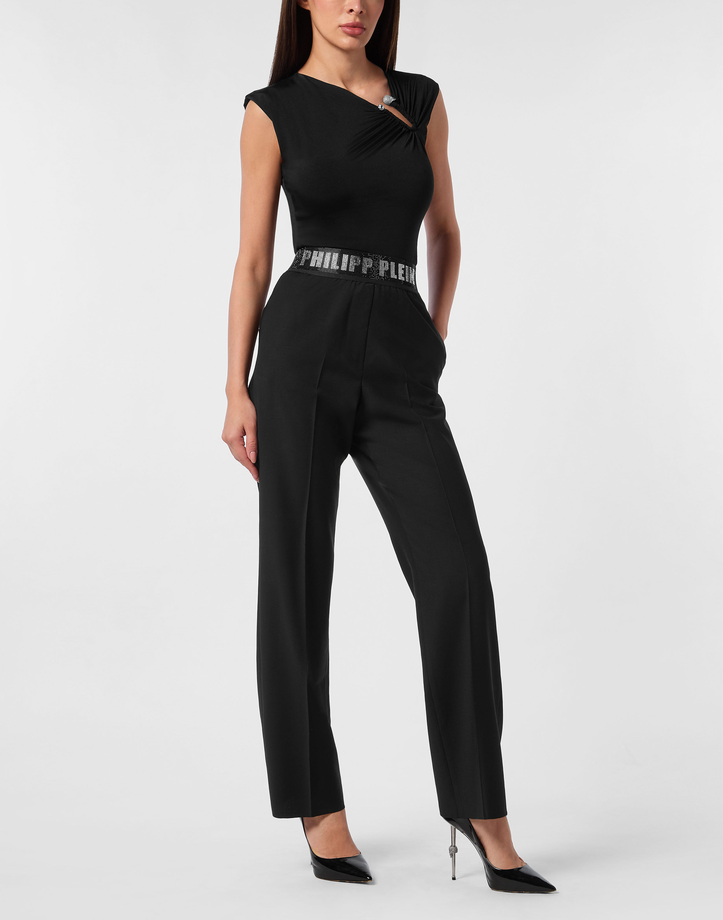 Pantaloni Classici in Lana Cintura Elastica Cristallo