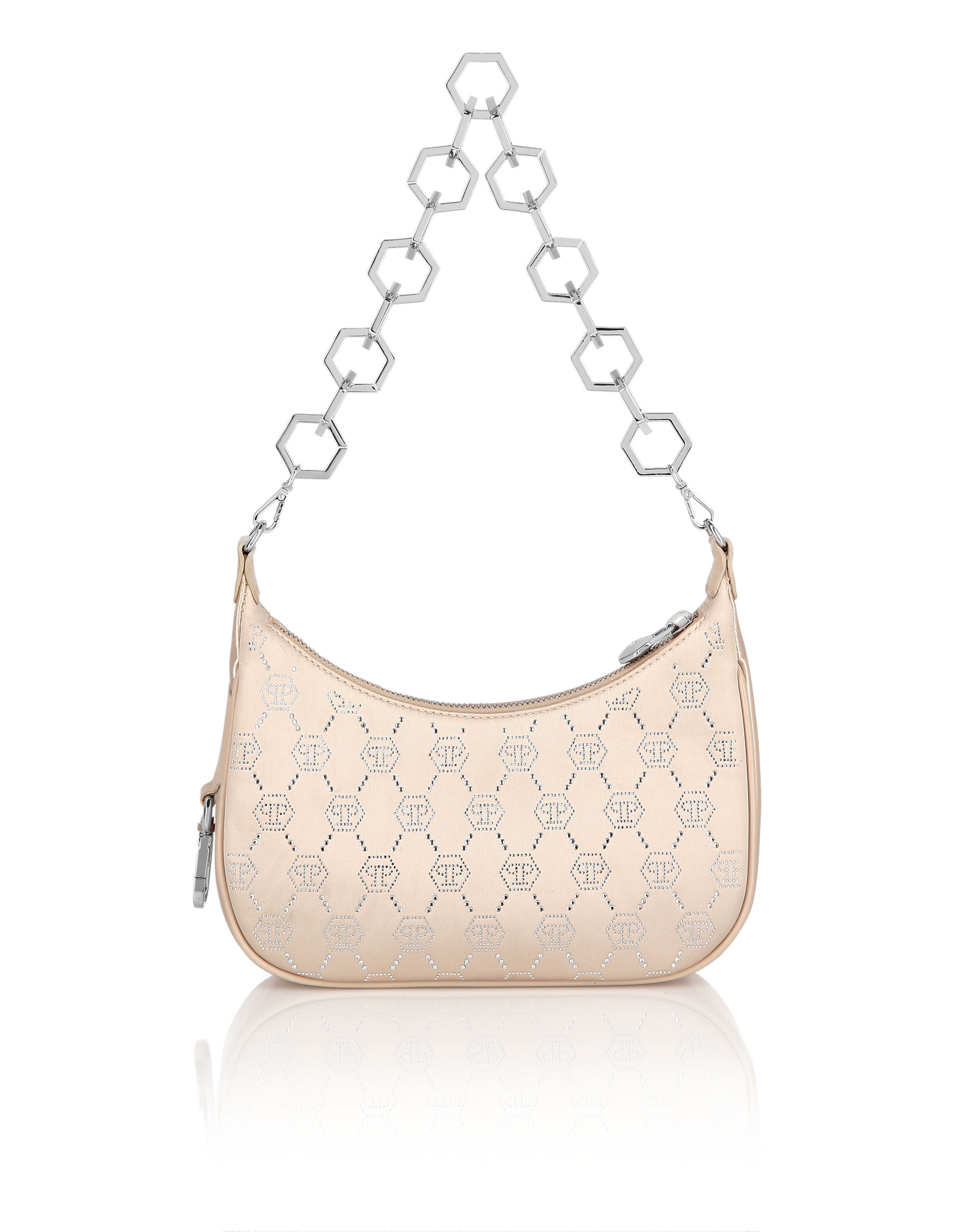 Borsa a tracolla in satin con monogramma strass