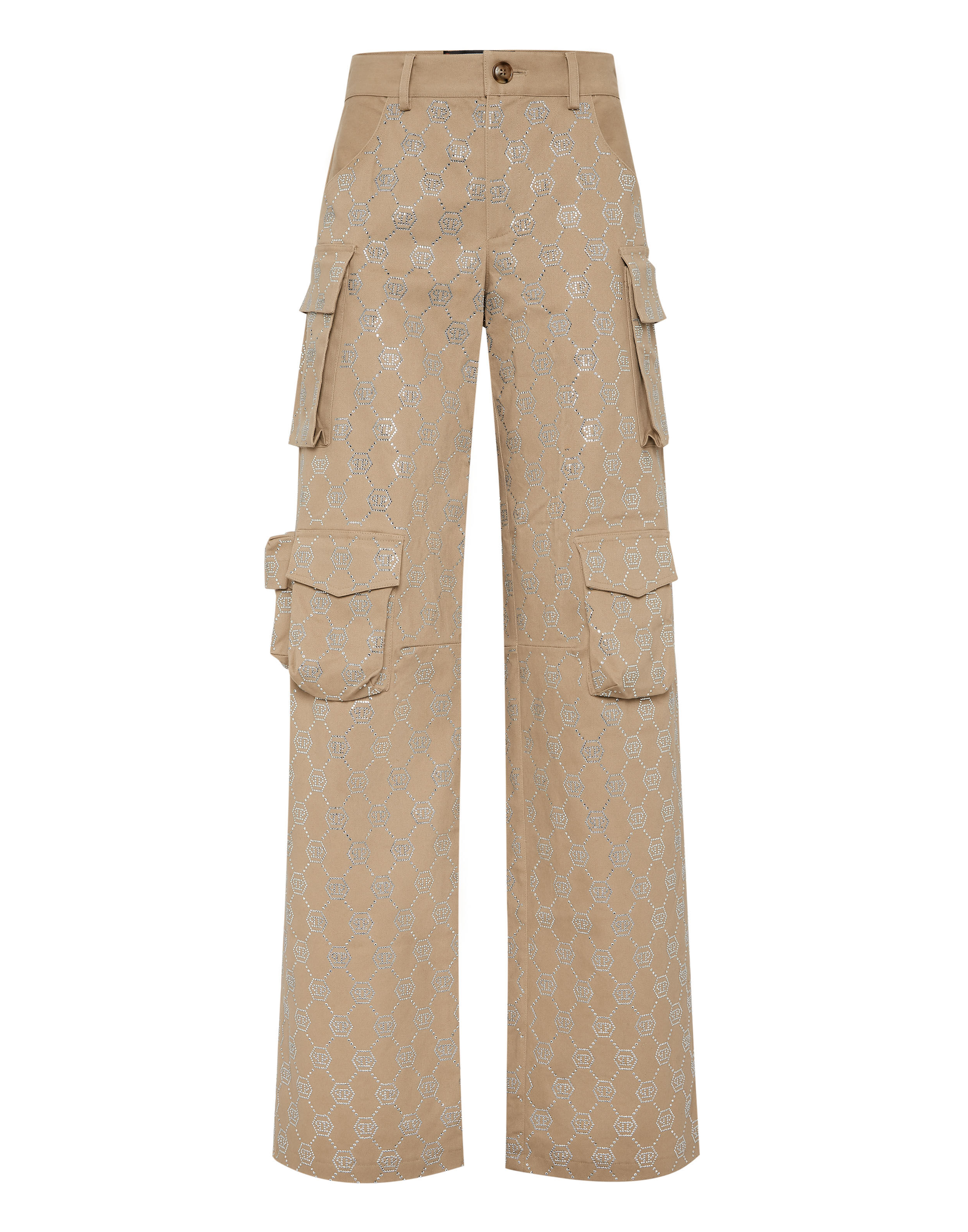 Pantaloni lunghi cargo con taglio fit e monogramma strass