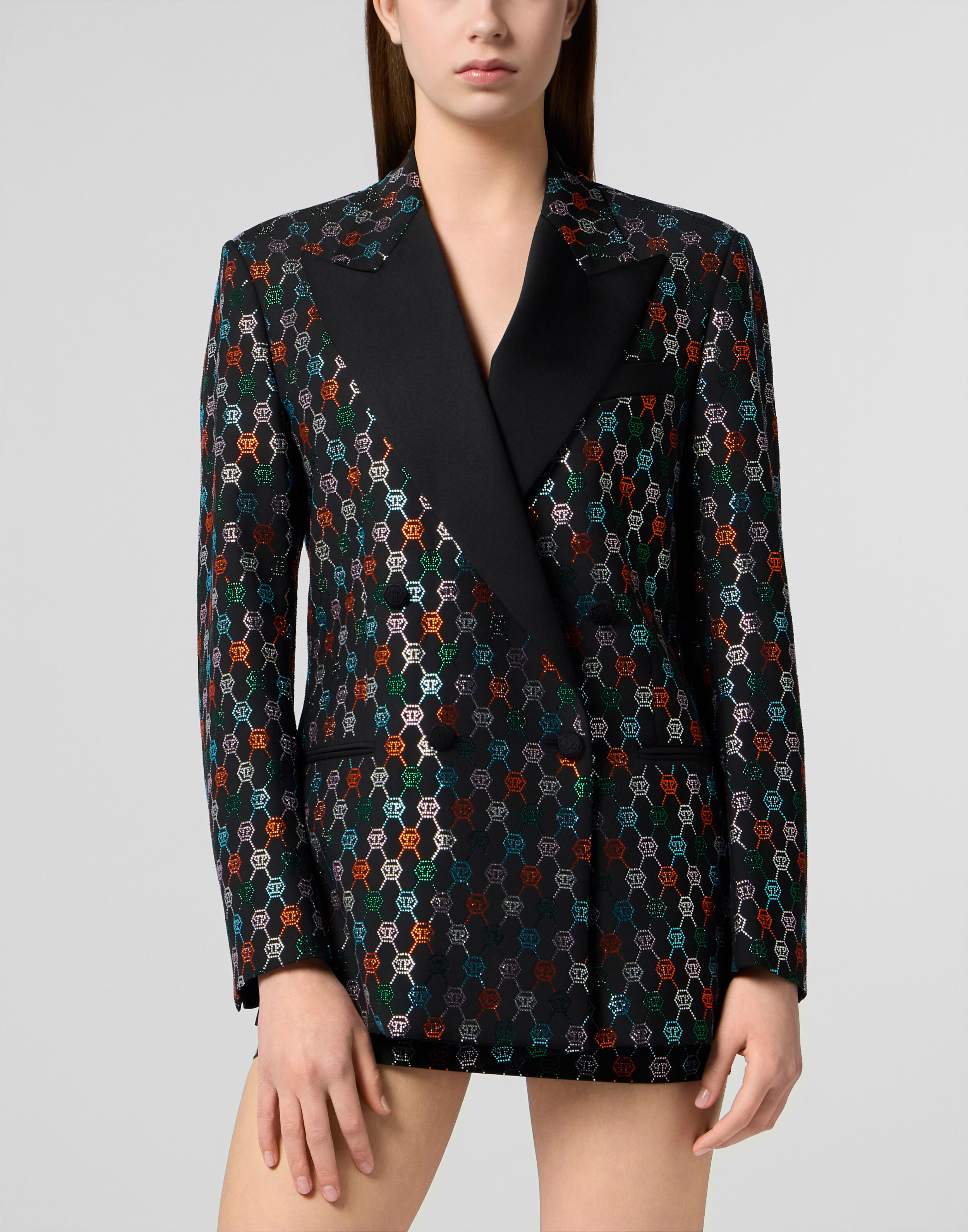 Blazer Monogramma con Strass a Doppio Petto Fit Marino