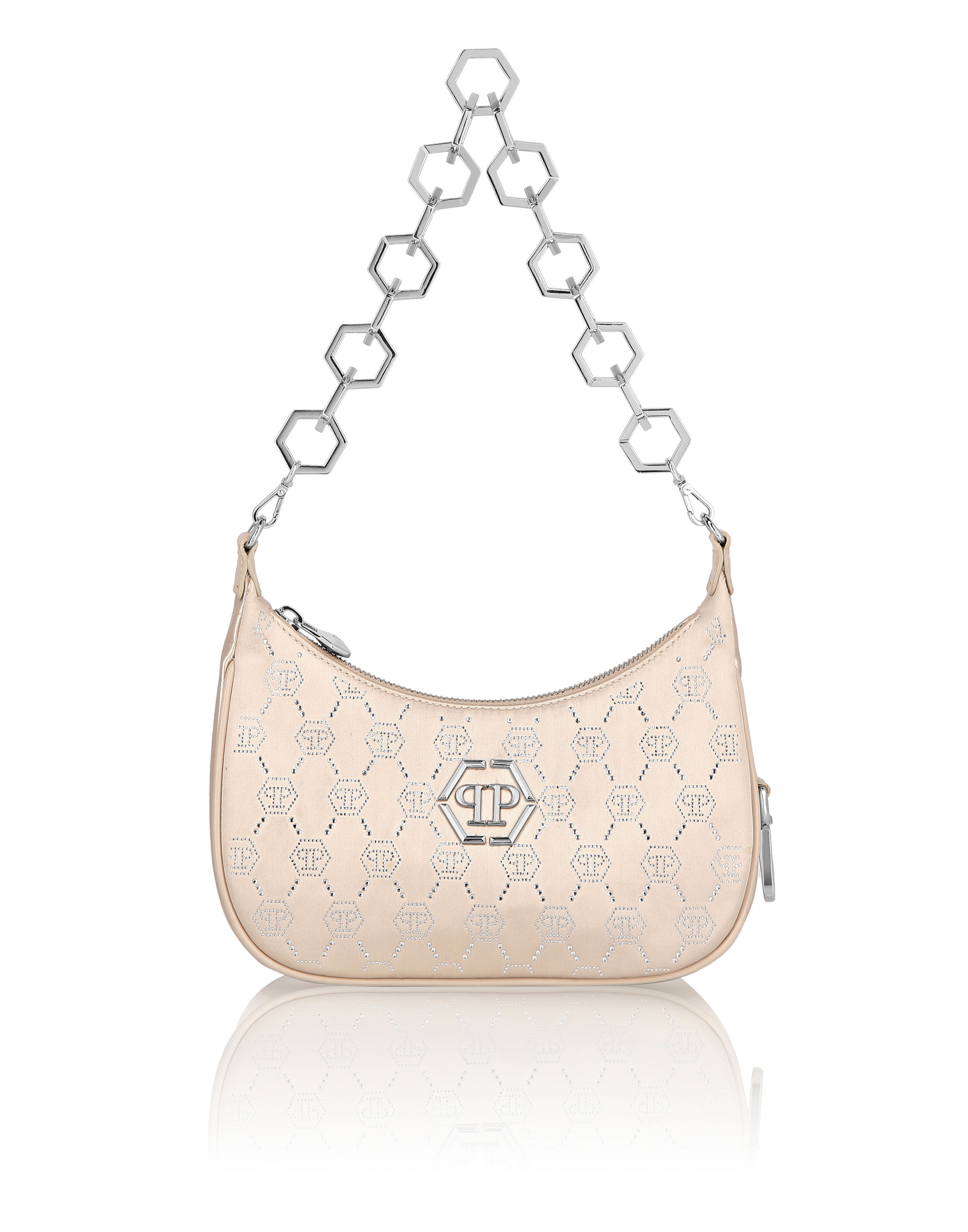 Borsa a tracolla in satin con monogramma strass